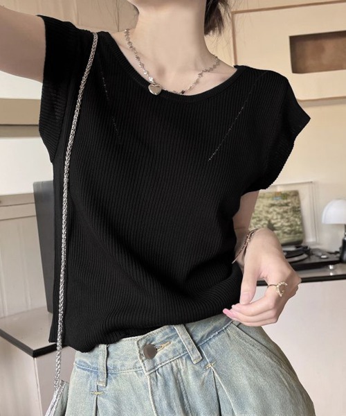 Miniministore(ミニミニストア)の「フレンチスリーブ サマーニット 韓国風(ニット/セーター・レディース・ブラック/ホワイト/ブラウン・FREE)」の4枚目の写真