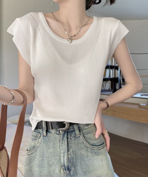 Miniministore(ミニミニストア)の「フレンチスリーブ サマーニット 韓国風(ニット/セーター・レディース・ブラック/ホワイト/ブラウン・FREE)」の5枚目の写真