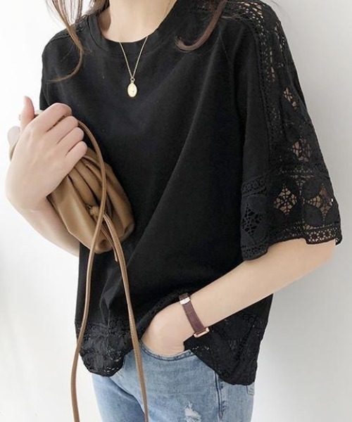 LADY LIKE(レディライク)の「レースデザインゆったりTシャツ(Tシャツ/カットソー・レディース・ホワイト/ブラック・M)」の1枚目の写真