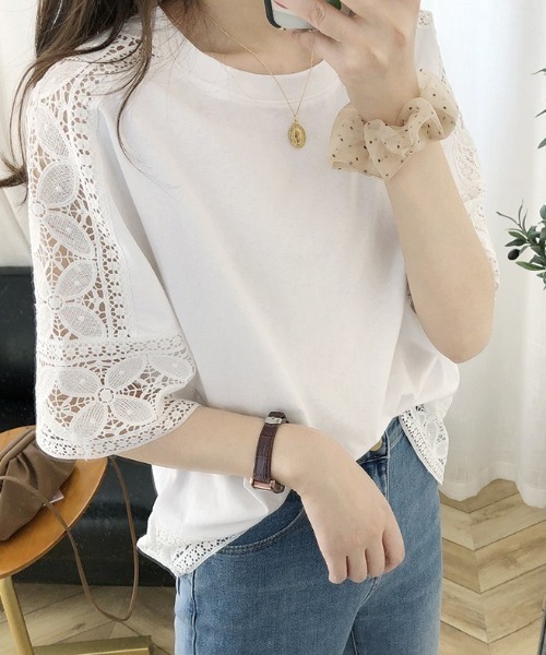 LADY LIKE(レディライク)の「レースデザインゆったりTシャツ(Tシャツ/カットソー・レディース・ホワイト/ブラック・M)」の6枚目の写真