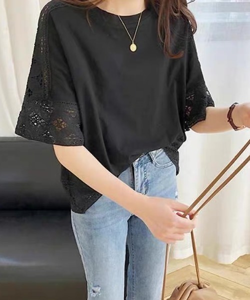 LADY LIKE(レディライク)の「レースデザインゆったりTシャツ(Tシャツ/カットソー・レディース・ホワイト/ブラック・M)」の3枚目の写真