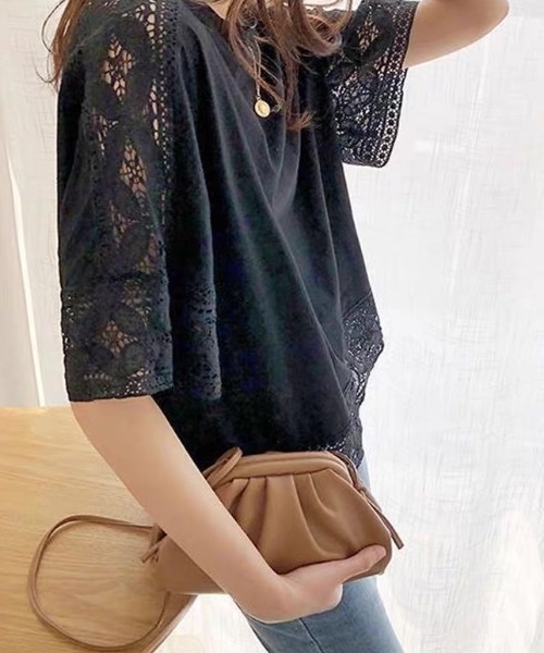 LADY LIKE(レディライク)の「レースデザインゆったりTシャツ(Tシャツ/カットソー・レディース・ホワイト/ブラック・M)」の4枚目の写真