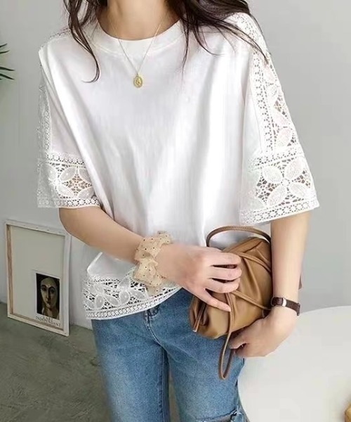 LADY LIKE(レディライク)の「レースデザインゆったりTシャツ(Tシャツ/カットソー・レディース・ホワイト/ブラック・M)」の8枚目の写真