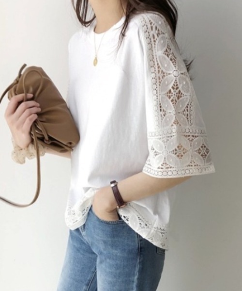 LADY LIKE(レディライク)の「レースデザインゆったりTシャツ(Tシャツ/カットソー・レディース・ホワイト/ブラック・M)」の9枚目の写真