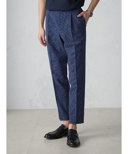 パーフェクトスーツファクトリー ギンガムチェック　セットアップ スーツ ネイビー Perfect Suit FActory スラックス ウール×シアサッカー ギンガム
