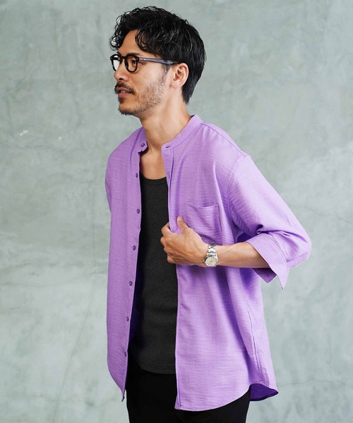 jiggys shop（ジギーズショップ）の「麻タッチ バンドカラー 5分袖シャツ（シャツ/ブラウス・メンズ・パープル/ホワイト/ブルー/ネイビー・X-LARGE/LARGE/MEDIUM）」の4枚目の写真