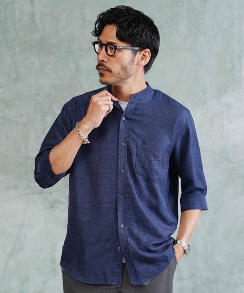 jiggys shop（ジギーズショップ）の「麻タッチ バンドカラー 5分袖シャツ（シャツ/ブラウス・メンズ・パープル/ホワイト/ブルー/ネイビー・X-LARGE/LARGE/MEDIUM）」の3枚目の写真