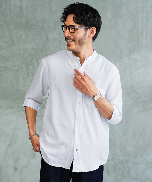 jiggys shop（ジギーズショップ）の「麻タッチ バンドカラー 5分袖シャツ（シャツ/ブラウス・メンズ・パープル/ホワイト/ブルー/ネイビー・X-LARGE/LARGE/MEDIUM）」の2枚目の写真