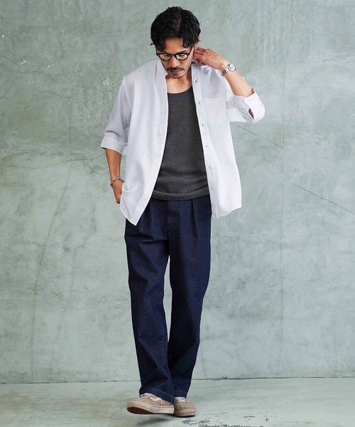 jiggys shop（ジギーズショップ）の「麻タッチ バンドカラー 5分袖シャツ（シャツ/ブラウス・メンズ・パープル/ホワイト/ブルー/ネイビー・X-LARGE/LARGE/MEDIUM）」の6枚目の写真