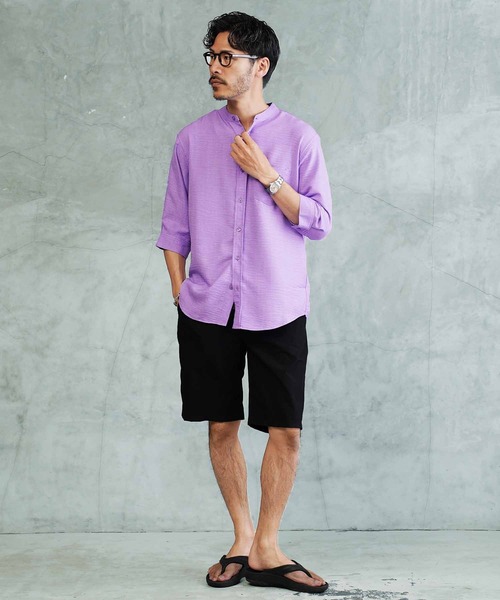 jiggys shop（ジギーズショップ）の「麻タッチ バンドカラー 5分袖シャツ（シャツ/ブラウス・メンズ・パープル/ホワイト/ブルー/ネイビー・X-LARGE/LARGE/MEDIUM）」の17枚目の写真