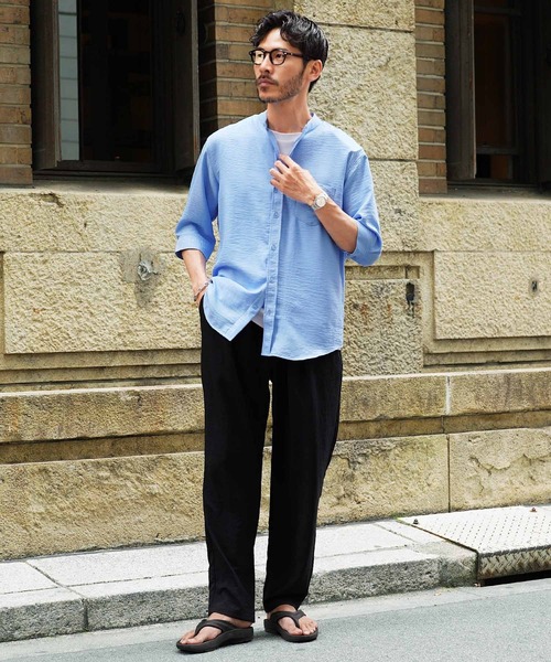 jiggys shop（ジギーズショップ）の「麻タッチ バンドカラー 5分袖シャツ（シャツ/ブラウス・メンズ・パープル/ホワイト/ブルー/ネイビー・X-LARGE/LARGE/MEDIUM）」の19枚目の写真