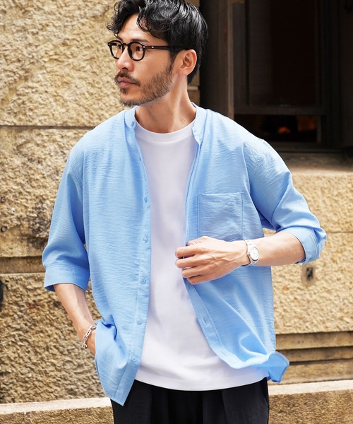 jiggys shop（ジギーズショップ）の「麻タッチ バンドカラー 5分袖シャツ（シャツ/ブラウス・メンズ・パープル/ホワイト/ブルー/ネイビー・X-LARGE/LARGE/MEDIUM）」の20枚目の写真