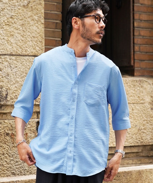 jiggys shop（ジギーズショップ）の「麻タッチ バンドカラー 5分袖シャツ（シャツ/ブラウス・メンズ・パープル/ホワイト/ブルー/ネイビー・X-LARGE/LARGE/MEDIUM）」の21枚目の写真