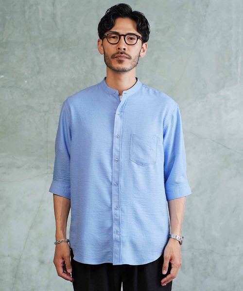 jiggys shop（ジギーズショップ）の「麻タッチ バンドカラー 5分袖シャツ（シャツ/ブラウス・メンズ・パープル/ホワイト/ブルー/ネイビー・X-LARGE/LARGE/MEDIUM）」の16枚目の写真