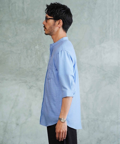 jiggys shop（ジギーズショップ）の「麻タッチ バンドカラー 5分袖シャツ（シャツ/ブラウス・メンズ・パープル/ホワイト/ブルー/ネイビー・X-LARGE/LARGE/MEDIUM）」の15枚目の写真