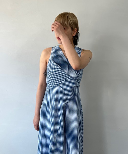 ギンガムチェック サイドリボン ノースリーブワンピース