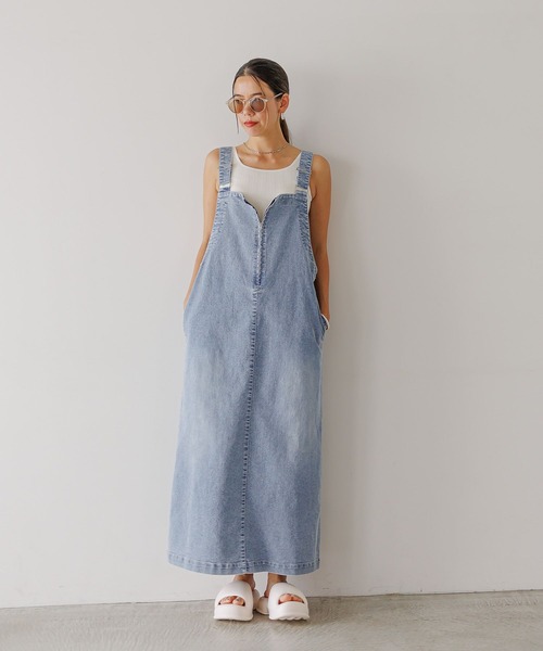 BAYFLOW（ベイフロー）の「ストレッチデニムジャンスカ（ジャンパースカート・レディース・サックスブルー/ブラック・FREE）」の5枚目の写真