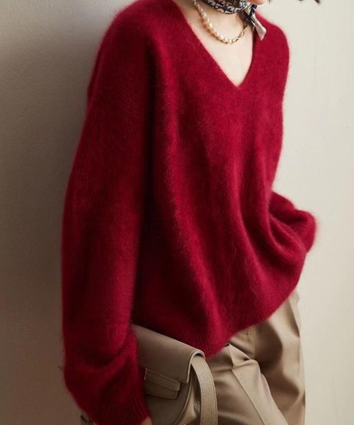 CADBURY(キャドバリー)の「シンプルVネックモヘアニットトップス(ニット/セーター・レディース・グレー/レッド/ブラウン/ベージュ・FREE)」の4枚目の写真