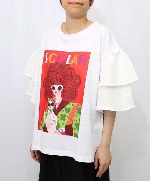 スカラー　scolar 152751：ネコと女の子アート柄 ボリューム袖Tシャツ ScoLar Tシャツ スカラー 152751 ネコと女の子アート柄