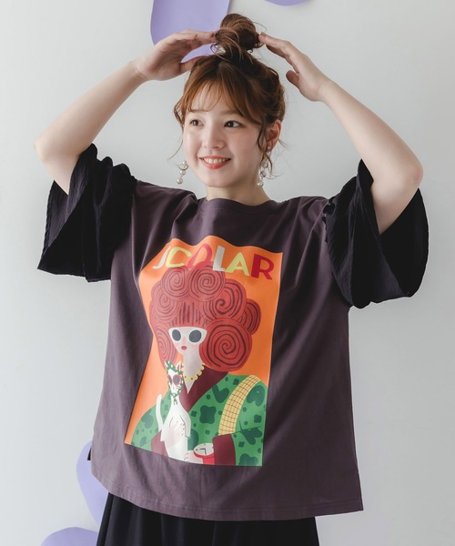 152751：ネコと女の子アート柄 ボリューム袖Tシャツ（Tシャツ
