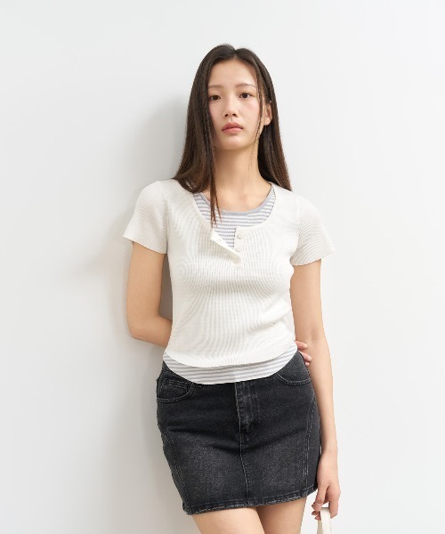 GENERAL IDEA（ジェネラルアイデア）の「GENERAL IDEA/ジェネラルアイディア stripe layered pullover レイヤード 半袖トップス（Tシャツ/カットソー・レディース・ブラック/スカイブルー/ホワイト・S/M/L）」の2枚目の写真
