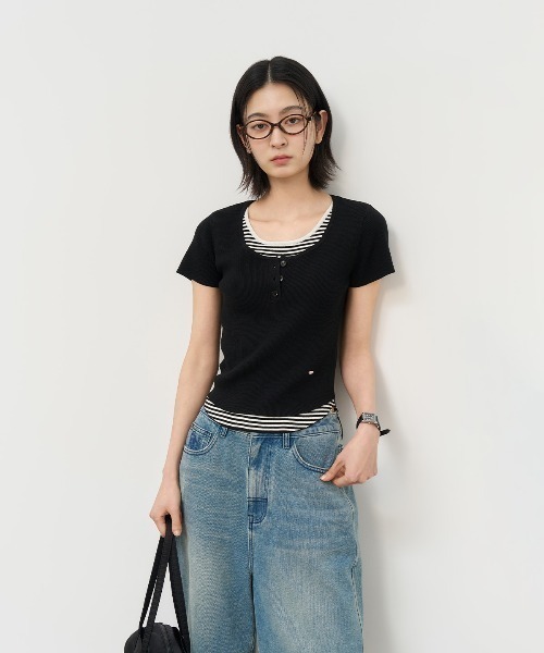 GENERAL IDEA（ジェネラルアイデア）の「GENERAL IDEA/ジェネラルアイディア stripe layered pullover レイヤード 半袖トップス（Tシャツ/カットソー・レディース・ブラック/スカイブルー/ホワイト・S/M/L）」の3枚目の写真