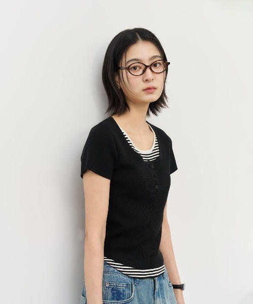 GENERAL IDEA（ジェネラルアイデア）の「GENERAL IDEA/ジェネラルアイディア stripe layered pullover レイヤード 半袖トップス（Tシャツ/カットソー・レディース・ブラック/スカイブルー/ホワイト・S/M/L）」の16枚目の写真