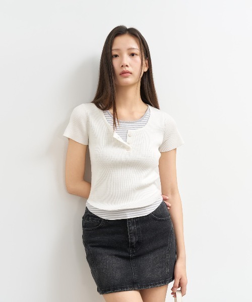 GENERAL IDEA（ジェネラルアイデア）の「GENERAL IDEA/ジェネラルアイディア stripe layered pullover レイヤード 半袖トップス（Tシャツ/カットソー・レディース・ブラック/スカイブルー/ホワイト・S/M/L）」の7枚目の写真