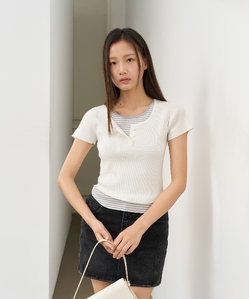 GENERAL IDEA（ジェネラルアイデア）の「GENERAL IDEA/ジェネラルアイディア stripe layered pullover レイヤード 半袖トップス（Tシャツ/カットソー・レディース・ブラック/スカイブルー/ホワイト・S/M/L）」の8枚目の写真