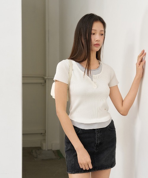 GENERAL IDEA（ジェネラルアイデア）の「GENERAL IDEA/ジェネラルアイディア stripe layered pullover レイヤード 半袖トップス（Tシャツ/カットソー・レディース・ブラック/スカイブルー/ホワイト・S/M/L）」の9枚目の写真