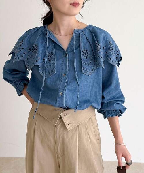セール】エンブロイダリーケープカラーデニムブラウス（シャツ