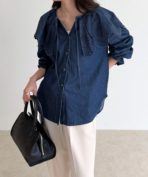 セール】エンブロイダリーケープカラーデニムブラウス（シャツ