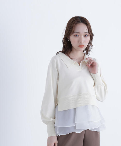 NATURAL BEAUTY BASIC(ナチュラルビューティーベーシック)の「◇オーガンドッキングスキッパーニット(ニット/セーター・レディース・ブラック/グレー系その他/オフホワイト・FREE)」の1枚目の写真