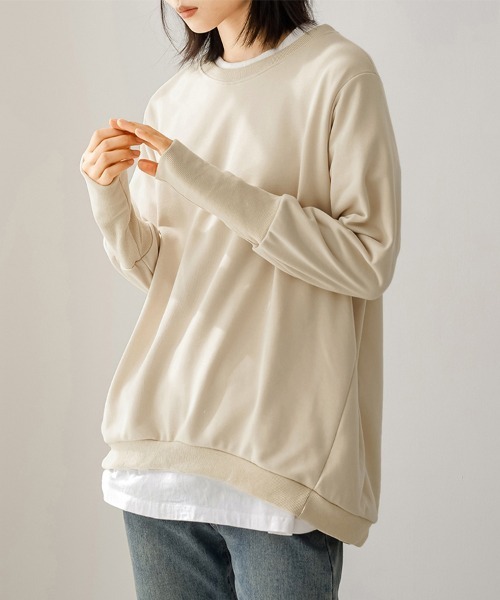 ONEP STAR（ワンピスター）の「リブ付きカジュアルスウェットトップス（Tシャツ/カットソー・レディース・ベージュ/ブラウン/ライトグレー/ブラック/ピンク/ダークグレー・MEDIUM/LARGE）」の5枚目の写真
