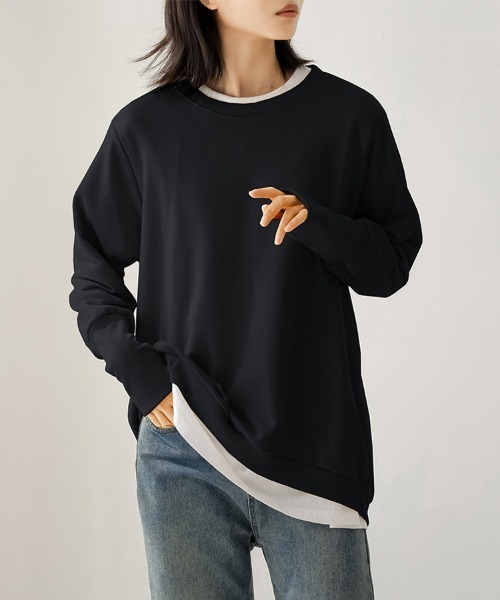 ONEP STAR（ワンピスター）の「リブ付きカジュアルスウェットトップス（Tシャツ/カットソー・レディース・ベージュ/ブラウン/ライトグレー/ブラック/ピンク/ダークグレー・MEDIUM/LARGE）」の2枚目の写真