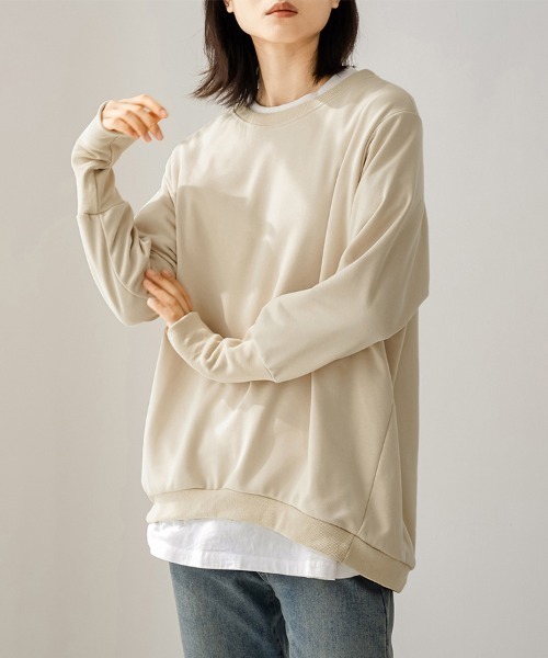 ONEP STAR（ワンピスター）の「リブ付きカジュアルスウェットトップス（Tシャツ/カットソー・レディース・ベージュ/ブラウン/ライトグレー/ブラック/ピンク/ダークグレー・MEDIUM/LARGE）」の9枚目の写真