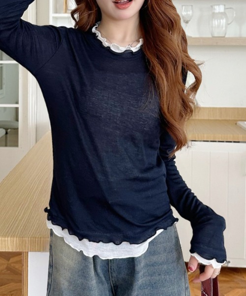 Ada.(エイダ)の「バイカラー フリル カットソー(Tシャツ/カットソー・レディース・レッド/チャコール/ネイビー/アイボリー/グレー・FREE)」の12枚目の写真