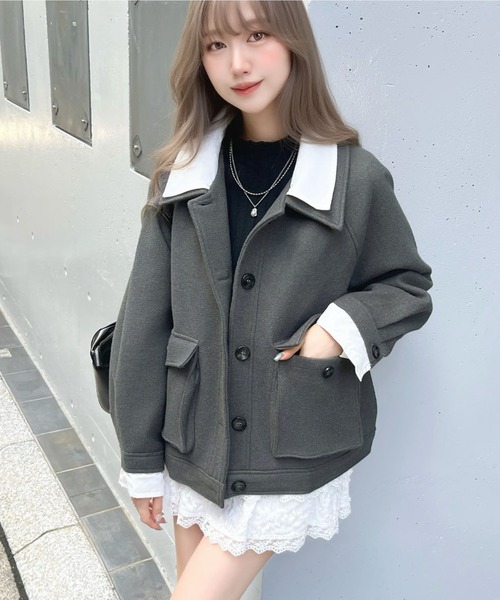 セール】AWトレンド♪衿シャツレイヤードフェイクウールポロジャケット