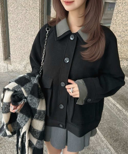 CHARME BY MICOLA(シャルムバイミコラ)の「AWトレンド♪衿シャツレイヤードフェイクウールポロジャケット(その他アウター・レディース・チャコールグレー/ブラック・FREE)」の2枚目の写真