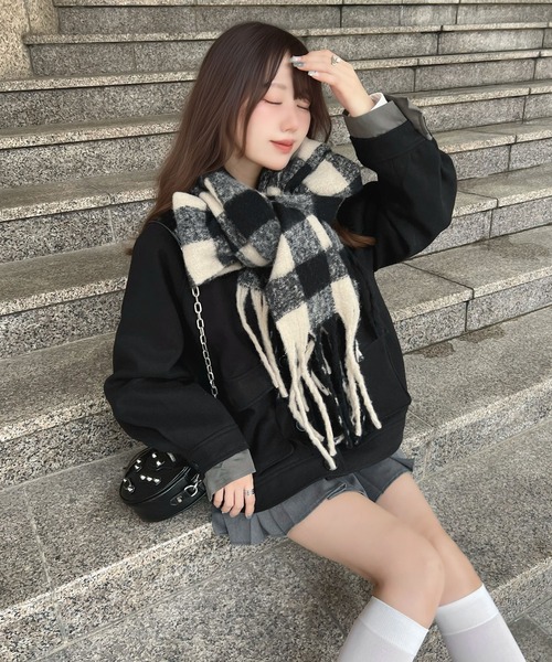 セール】AWトレンド♪衿シャツレイヤードフェイクウールポロジャケット