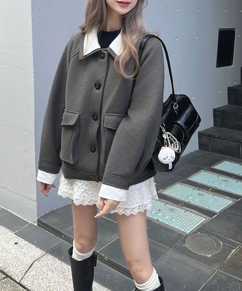 CHARME BY MICOLA(シャルムバイミコラ)の「AWトレンド♪衿シャツレイヤードフェイクウールポロジャケット(その他アウター・レディース・チャコールグレー/ブラック・FREE)」の12枚目の写真