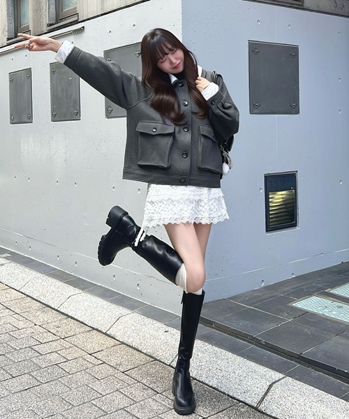 CHARME BY MICOLA(シャルムバイミコラ)の「AWトレンド♪衿シャツレイヤードフェイクウールポロジャケット(その他アウター・レディース・チャコールグレー/ブラック・FREE)」の13枚目の写真