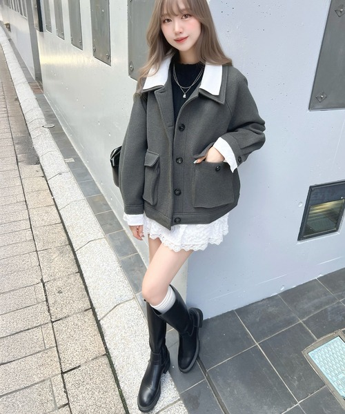 CHARME BY MICOLA(シャルムバイミコラ)の「AWトレンド♪衿シャツレイヤードフェイクウールポロジャケット(その他アウター・レディース・チャコールグレー/ブラック・FREE)」の9枚目の写真