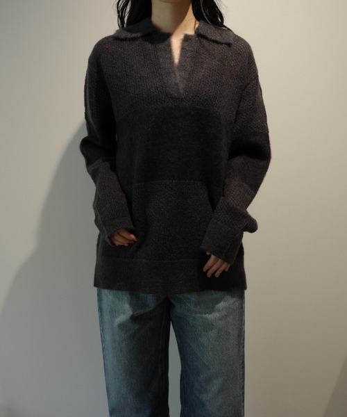 MANOF（マノフ）の「MANOF MOHAIR POLO KNIT（ニット/セーター・レディース・ライトブルー/ホワイト/ダークグレー・FREE）」の2枚目の写真