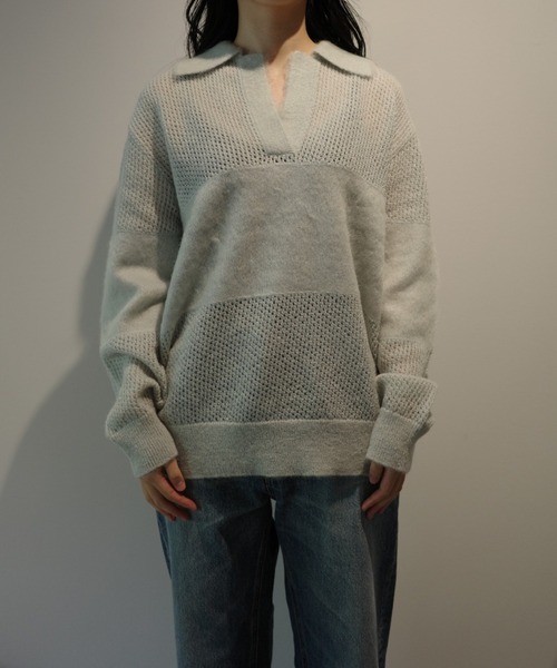 MANOF（マノフ）の「MANOF MOHAIR POLO KNIT（ニット/セーター・レディース・ライトブルー/ホワイト/ダークグレー・FREE）」の3枚目の写真