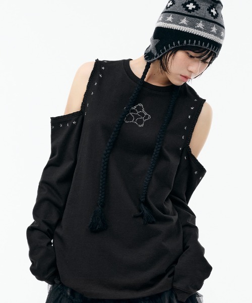 TUOMIO(トゥオミオ)の「【TUOMIO】CUT-OUT LACE LONG SLEEVES / 【トゥオミオ】カットアウトレースロングスリーブ(スウェット・レディース・ブラック/ベージュ・S)」の1枚目の写真