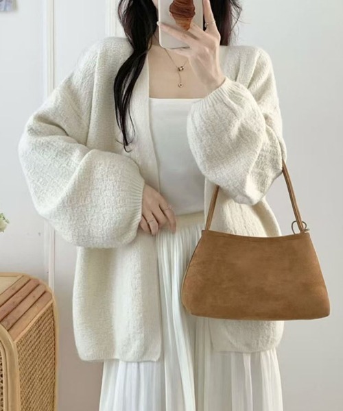 shoppinggo（ショッピングゴー）の「ニットカーディガンVネック レディース カーディガン ニットアウター コーディガン 袖ボリューム ゆったりカーディガン（カーディガン/ボレロ・レディース・ブラック/ピンク/パープル/ベージュ/グレー/ブルー・FREE）」の3枚目の写真