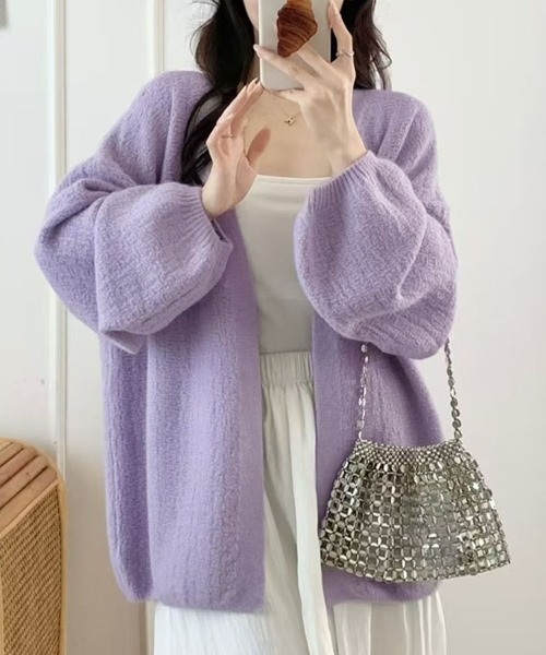 shoppinggo（ショッピングゴー）の「ニットカーディガンVネック レディース カーディガン ニットアウター コーディガン 袖ボリューム ゆったりカーディガン（カーディガン/ボレロ・レディース・ブラック/ピンク/パープル/ベージュ/グレー/ブルー・FREE）」の5枚目の写真