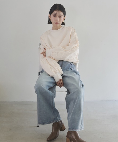 hunch（ハンチ）の「ダンボールナイロン ドッキングトップス（スウェット・レディース・ダークカーキ/アイボリー/ブラック・FREE）」の6枚目の写真