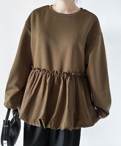 ONEP STAR(ワンピスター)の「ウエストギャザー入りペプラム風トップス(Tシャツ/カットソー・レディース・ブラウン/ベージュ/ブラック・FREE)」の2枚目の写真